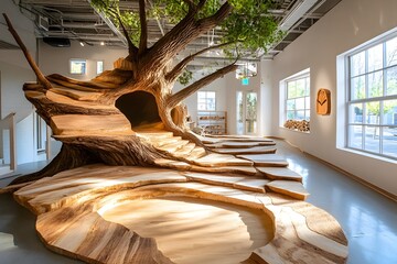 Sticker - Wooden Tree Sculpture In Modern Interior.