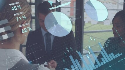 Poster - Business people discussing data analytics over financial graphs and world map animation