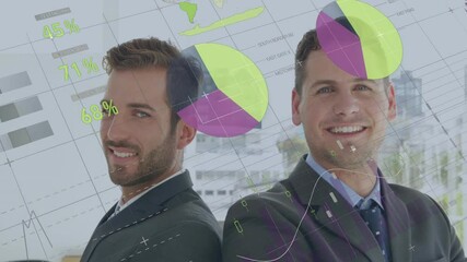 Poster - Businessmen standing back-to-back with data charts and graphs over animation