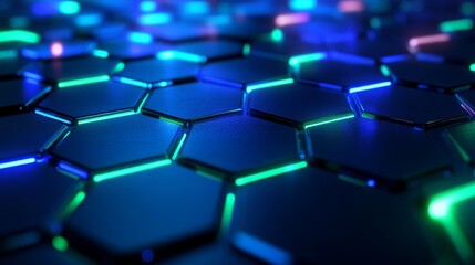 Wall Mural - A closeup view reveals a grid of luminous hexagons that pulsate with vibrant shades of electric blue and green, creating a mesmerizing visual effect and dynamic ambiance