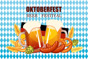 Oktoberfest beer festival. Beer glasses, pretzels, sausages on a background of blue and white rhombuses. Vector illustration.