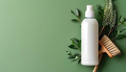 Wall Mural - Minimalistic Spring Cleaning Scene with Spray Bottle and Wooden Brush on Green Background