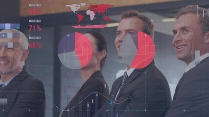 Poster - Business people smiling with data charts and world map animation over them