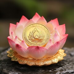 Wall Mural - A gold lotus flower coin rests inside a pink lotus flower sculpture.