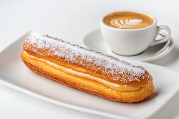 Wall Mural - A velvety pumpkin-spiced éclair garnished with crystallized sugar pairs with a steaming café au lait in a Parisian cafe isolated on a white background 