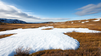 Arctic tundra with patches of snow and hardy vegetation low-lying shrubs resilient against the harsh cold winds 