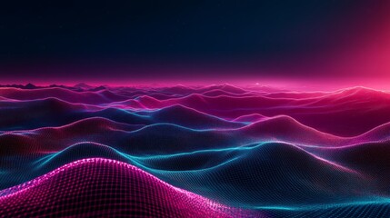 Wall Mural - The captivating landscape is comprised of a vast expanse of undulating neon lines and wireframe grids stretching infinitely, illuminated by a mesmerizing glow against the dark backdrop