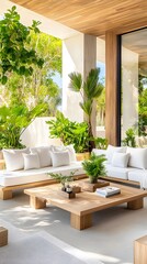 Sticker - Luxurious Outdoor Patio with Wooden Furniture and Tropical Plants.