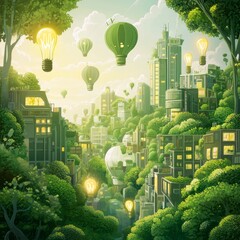 Wall Mural - A futuristic city with green trees and light bulbs in the sky.