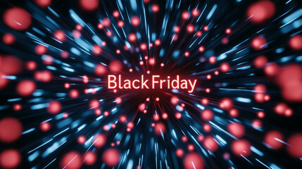 Poster - Black Friday in glowing red letters surrounded by fireworks bursts on a dark blue background 