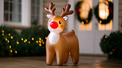 Canvas Print - Bright inflatable reindeer with a glowing red nose placed near the front door of a house decorated with wreaths and garlands 