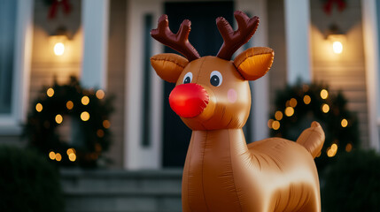 Wall Mural - Bright inflatable reindeer with a glowing red nose placed near the front door of a house decorated with wreaths and garlands 