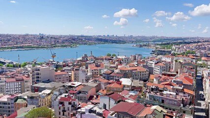 Wall Mural - Istanbul city view from Galata tower, Istanbul cityscape with Bosphorus. 4K video clip