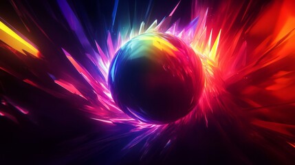 Wall Mural - A radiant orb hovers in the center of darkness, encircled by sharp crystalline structures that emit striking colorful light patterns, creating a mystical atmosphere