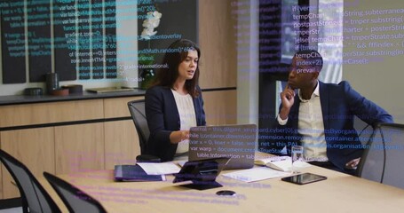 Poster - Discussing business strategy, colleagues in office with programming code animation over them