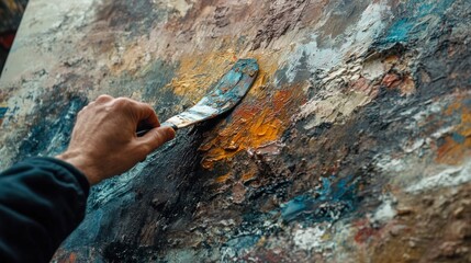 Wall Mural - A skilled hand uses a palette knife to blend rich, textured layers of mixed media on a canvas, showcasing the artistry and craftsmanship in a creative studio