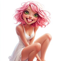 Wall Mural - Playful cartoon girl with pink hair and green eyes sticking her tongue out.