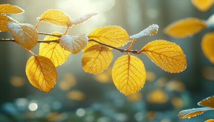 Wall Mural - Dew-Covered Yellow Leaves on a Branch in Soft Sunlight