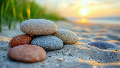 Poster - Stack of Smooth Stones on a Sandy Beach at Sunset