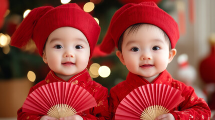 Canvas Print - Chinese baby twins in red New Year outfits holding paper fans, sitting among traditional decorations 