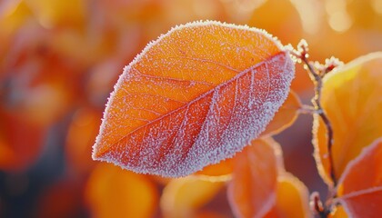 Canvas Print - Close-up of a Frosty Orange Leaf in Autumn Sunlight