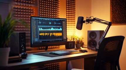 Wall Mural - This modern podcast studio showcases a sleek microphone setup and soundproof panels with an advanced computer screen displaying audio tracks in a cozy evening ambiance