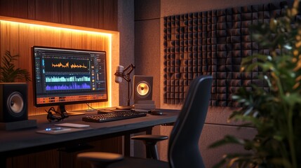 Wall Mural - This space showcases a well-designed podcast studio with soundproofing, a professional microphone, and a computer displaying audio editing software, creating an ideal recording environment