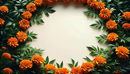 Vibrant marigold flower garland with lush leaves on white backdrop, celebrating Indian religious holidays like Gudi Padwa and Ugadi, perfect for banners and headers