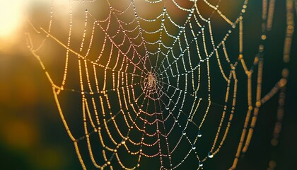 Dew-Covered Spider Web with Sun Rays