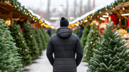 Poster - Christmas tree market with vendors selling hot cider and gingerbread, adding warmth and cheer to the chilly atmosphere 