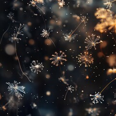 Wall Mural - A close-up shot of delicate, white dandelion seeds floating in the air against a dark background, illuminated by soft, golden light.