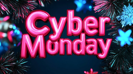 Poster - Colorful Cyber Monday text with bold letters on a metallic festive background with digital snowflakes and stars 