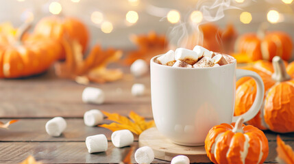 Hot chocolate topped with marshmallows surrounded by pumpkin decor and autumn leaves in cozy festive ambiance