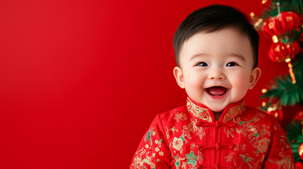 Canvas Print - Cute babies in traditional Chinese clothing playing with decorative firecrackers and laughing, vibrant red background 