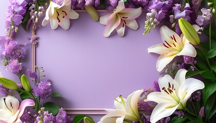 Elegant floral frame of lilies and lilacs on a purple background, embodying springs beauty perfect for wedding invitations, cards, or banners with space for text