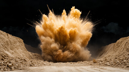 explosive blast in a quarry sending dust and debris flying into the air, captured mid-action, high e