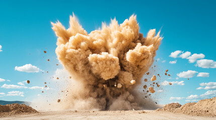 explosive blast in a quarry sending dust and debris flying into the air, captured mid-action, high e