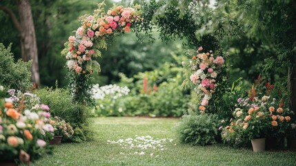 Wall Mural - Serene garden wedding scene with a floral arch, plants, and bouquets, creating a romantic, nature-inspired background.