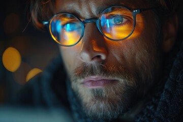 Man wearing glasses with bright reflections focused intently on a screen in a dimly lit room at night