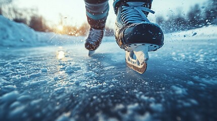 Close-up of hockey skates slicing through ice, capturing the intensity and speed of a competitive match.