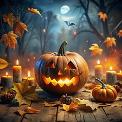 Halloween background with pumpkins and haunted house - 3D render. Halloween background with Evil Pumpkin. Spooky scary dark Night forrest. Holiday event halloween banner background. AI image generator