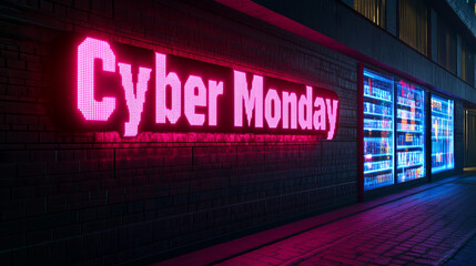 Sticker - Futuristic inflatable Cyber Monday banner with glitch effect hovering above a storefront with LED displays and holographic ads 