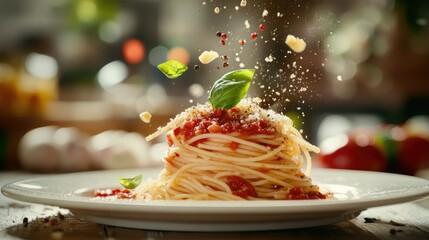 Spaghetti pasta with a rich red sauce on a white plate, with ingredients like garlic, basil, and pepper flakes falling onto the meal, highlighting a fresh, flavorful dish.