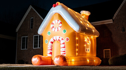 Poster - Giant inflatable gingerbread house with candy decorations sitting in front of a brick home with festive holiday lighting 