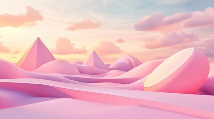 Surreal pastel desert landscape with geometric forms and a tranquil, open sky.