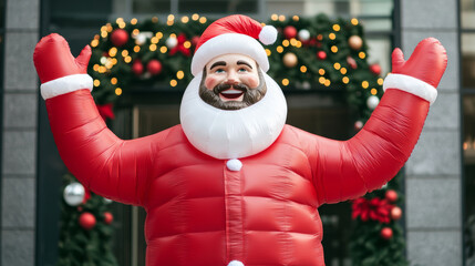 Wall Mural - Giant inflatable Santa waving cheerfully in front of a festive shop entrance adorned with colorful Christmas lights and wreaths winter holiday vibe 