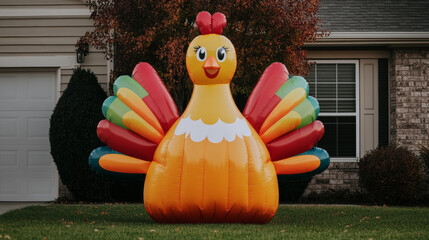 Wall Mural - Giant inflatable turkey with vibrant feathers peeking from behind a tree in front of a house playful and festive Thanksgiving decor 