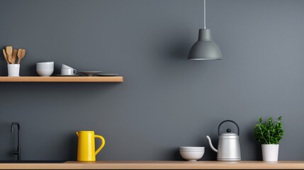 A kitchen with appliances, cutlery, dishes and plant pots