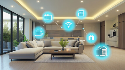 Wall Mural - A modern living room equipped with smart home technology, featuring various digital icons representing smart functionalities