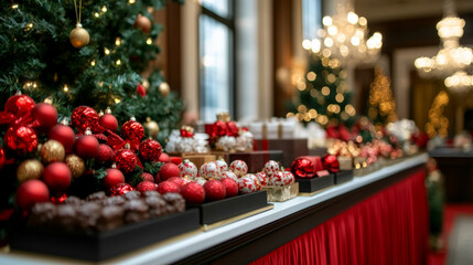 Poster - Indoor Christmas bazaar with a grand chandelier, luxurious stalls selling fine chocolates, jewelry, and holiday decorations 